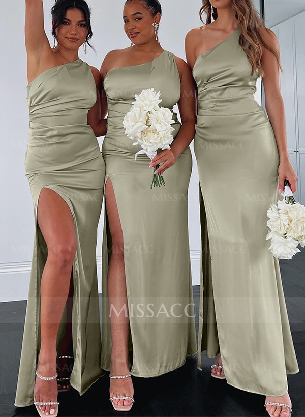 Sheath/Column One-Shoulder Silk Like Satin Bridesmaid Dresses With Split Front