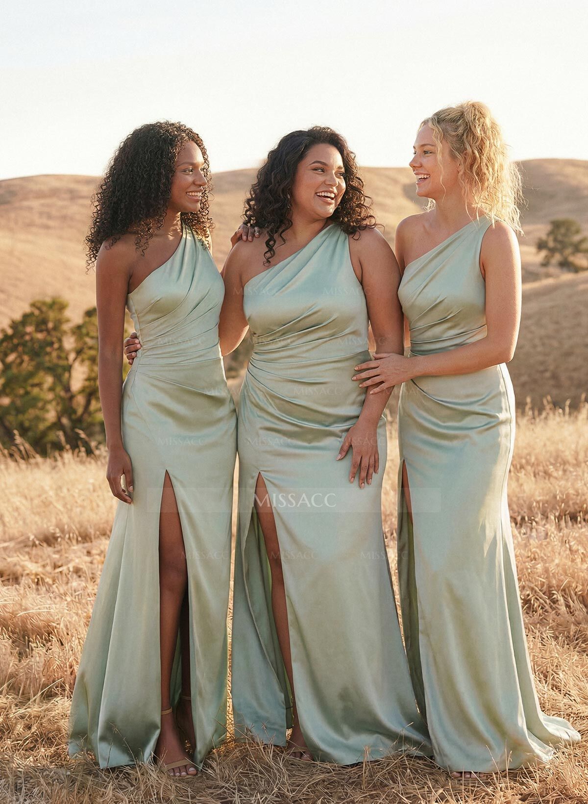 Sheath/Column One-Shoulder Silk Like Satin Bridesmaid Dresses With Split Front