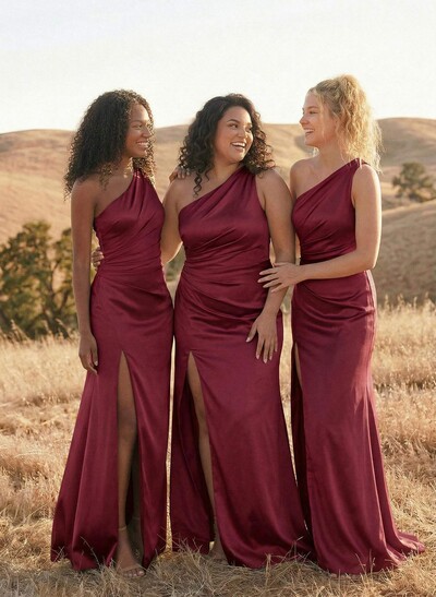 Sheath/Column One-Shoulder Silk Like Satin Bridesmaid Dresses With Split Front