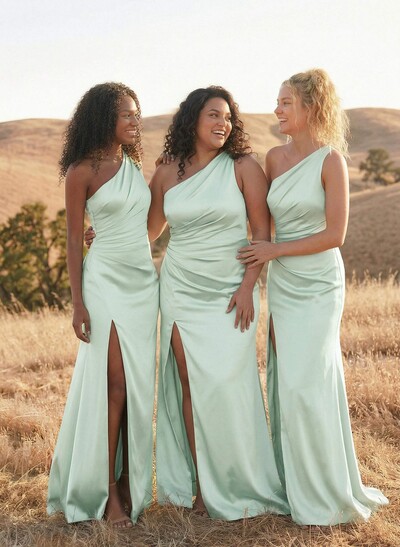 Sheath/Column One-Shoulder Silk Like Satin Bridesmaid Dresses With Split Front