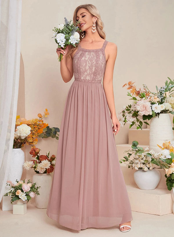 A-Line Halter Sleeveless Floor-Length Chiffon Bridesmaid Dresses With Appliques Lace