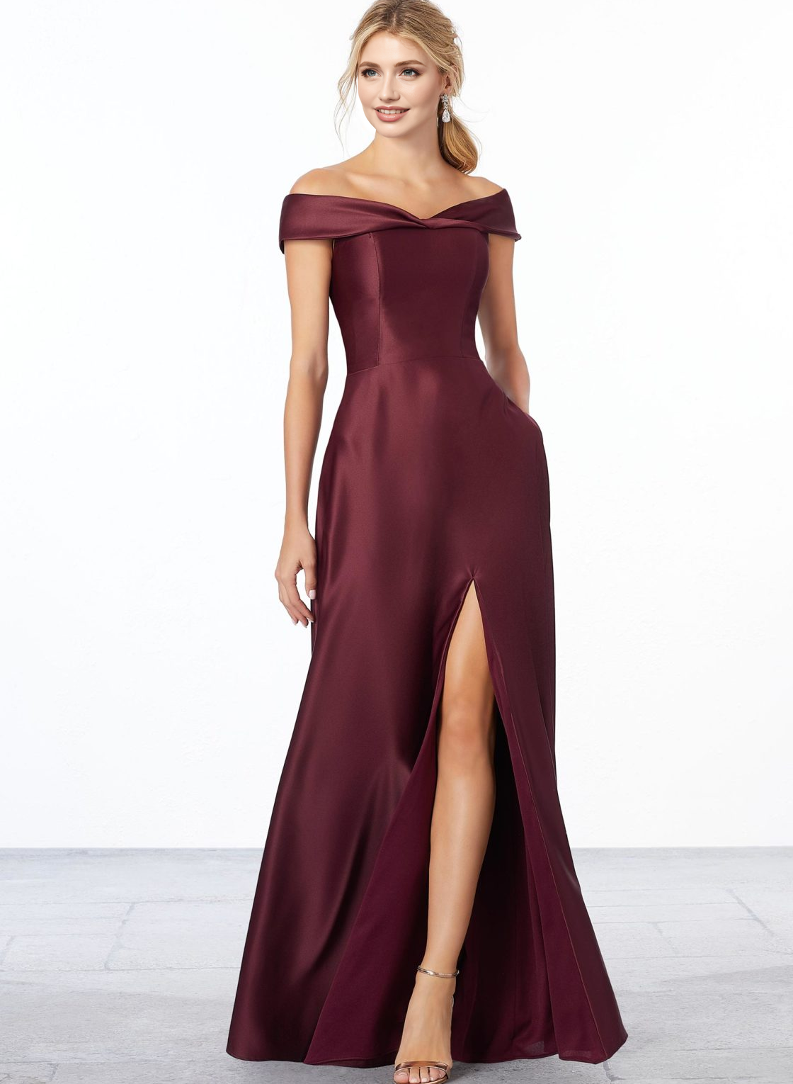 Red Satin Off-The-Shoulder A-Line Bridesmaid Dresses With Pockets