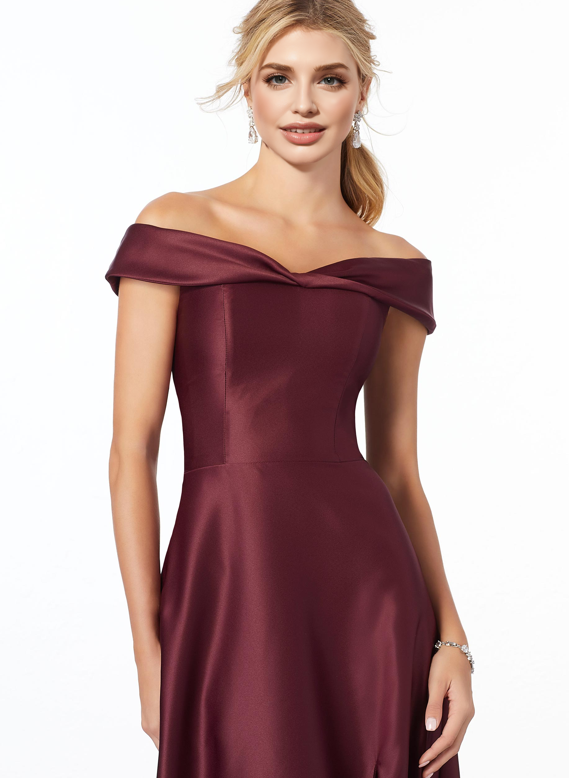 Red Satin Off-The-Shoulder A-Line Bridesmaid Dresses With Pockets