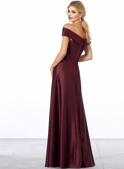 Red Matte Satin Off-The-Shoulder A-Line Bridesmaid Dresses With Pockets