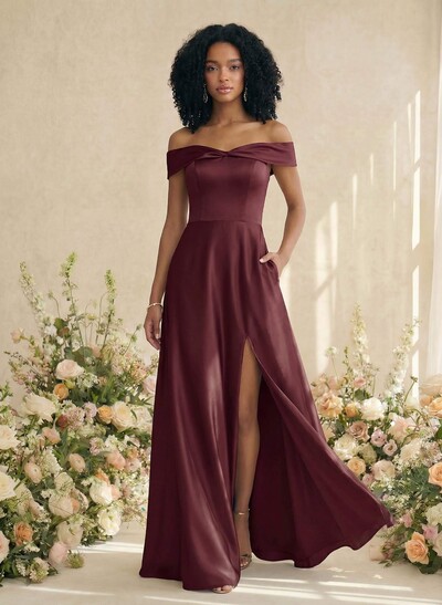 Red Matte Satin Off-The-Shoulder A-Line Bridesmaid Dresses With Pockets