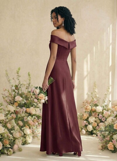 Red Matte Satin Off-The-Shoulder A-Line Bridesmaid Dresses With Pockets