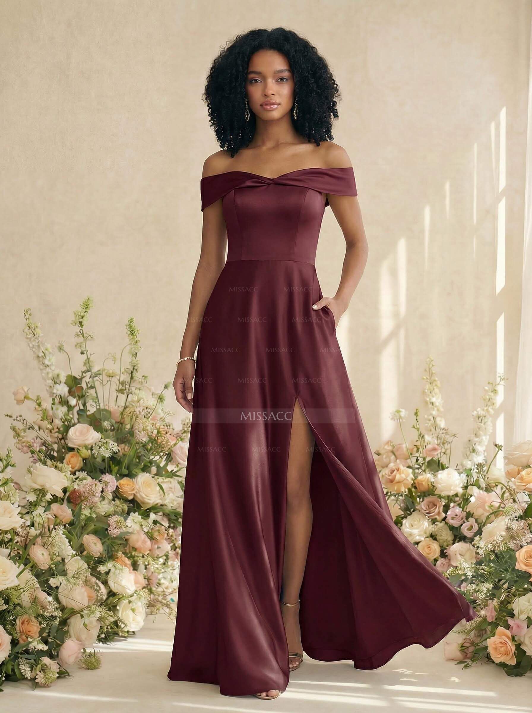 Red Matte Satin Off-The-Shoulder A-Line Bridesmaid Dresses With Pockets