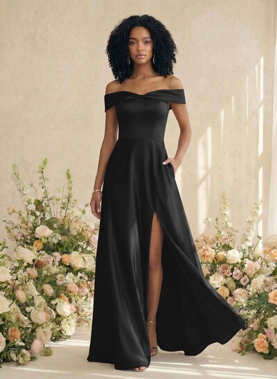 Red Matte Satin Off-The-Shoulder A-Line Bridesmaid Dresses With Pockets