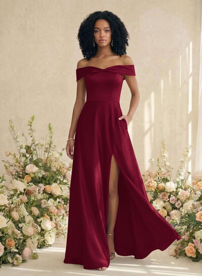 Red Matte Satin Off-The-Shoulder A-Line Bridesmaid Dresses With Pockets