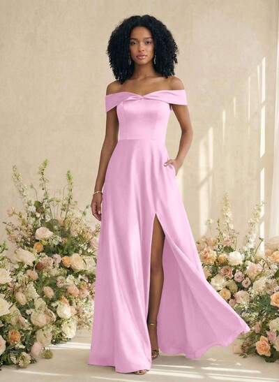 Red Matte Satin Off-The-Shoulder A-Line Bridesmaid Dresses With Pockets