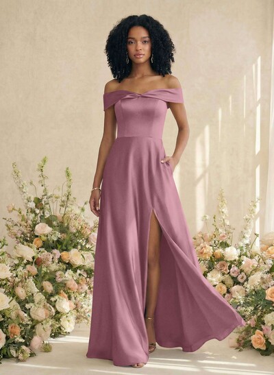 Red Matte Satin Off-The-Shoulder A-Line Bridesmaid Dresses With Pockets