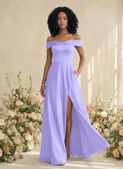 Red Matte Satin Off-The-Shoulder A-Line Bridesmaid Dresses With Pockets