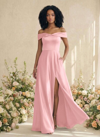 Red Matte Satin Off-The-Shoulder A-Line Bridesmaid Dresses With Pockets