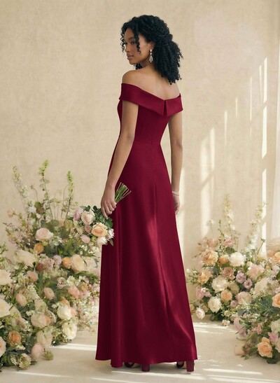 Red Matte Satin Off-The-Shoulder A-Line Bridesmaid Dresses With Pockets