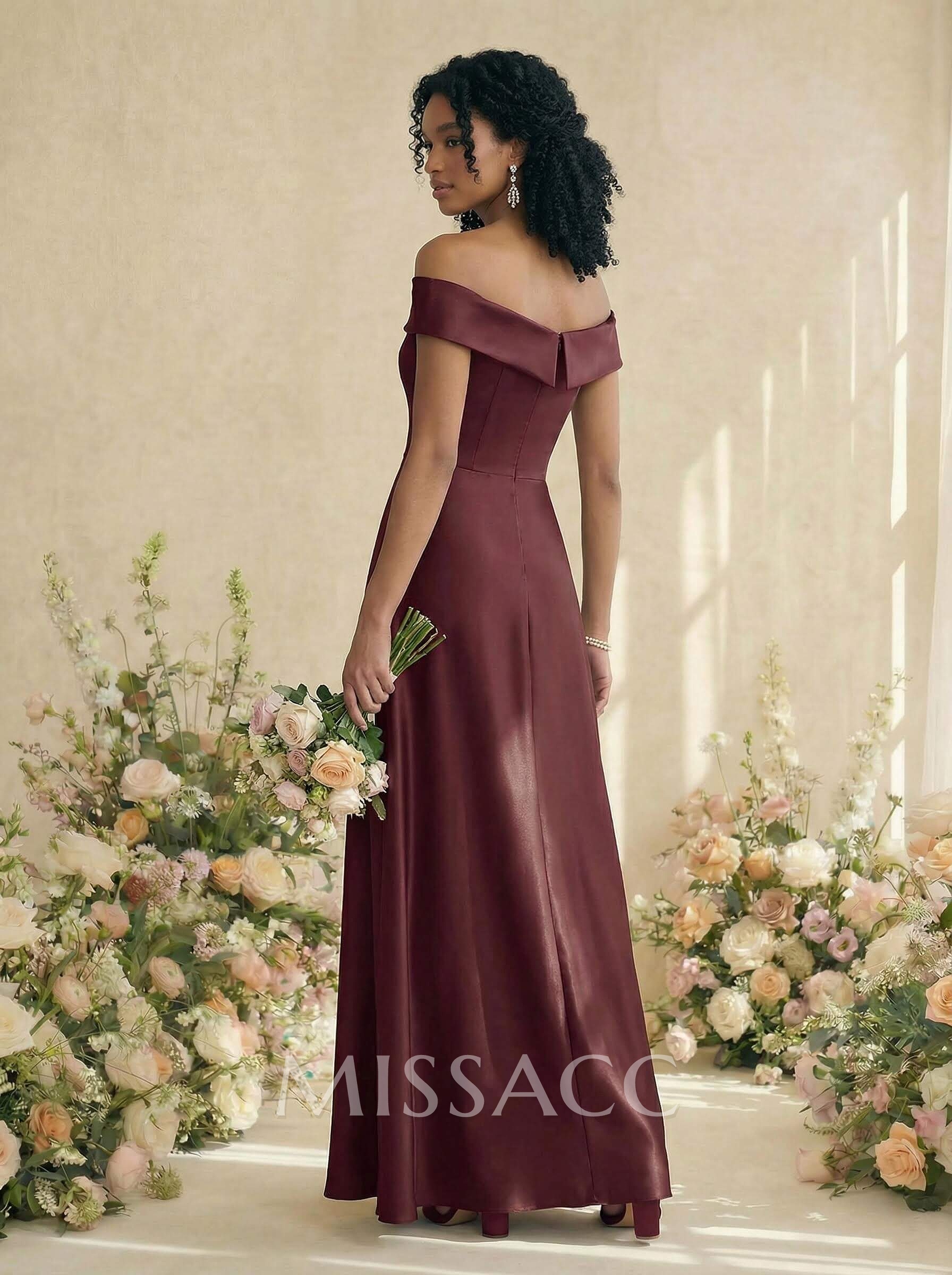 Red Matte Satin Off-The-Shoulder A-Line Bridesmaid Dresses With Pockets