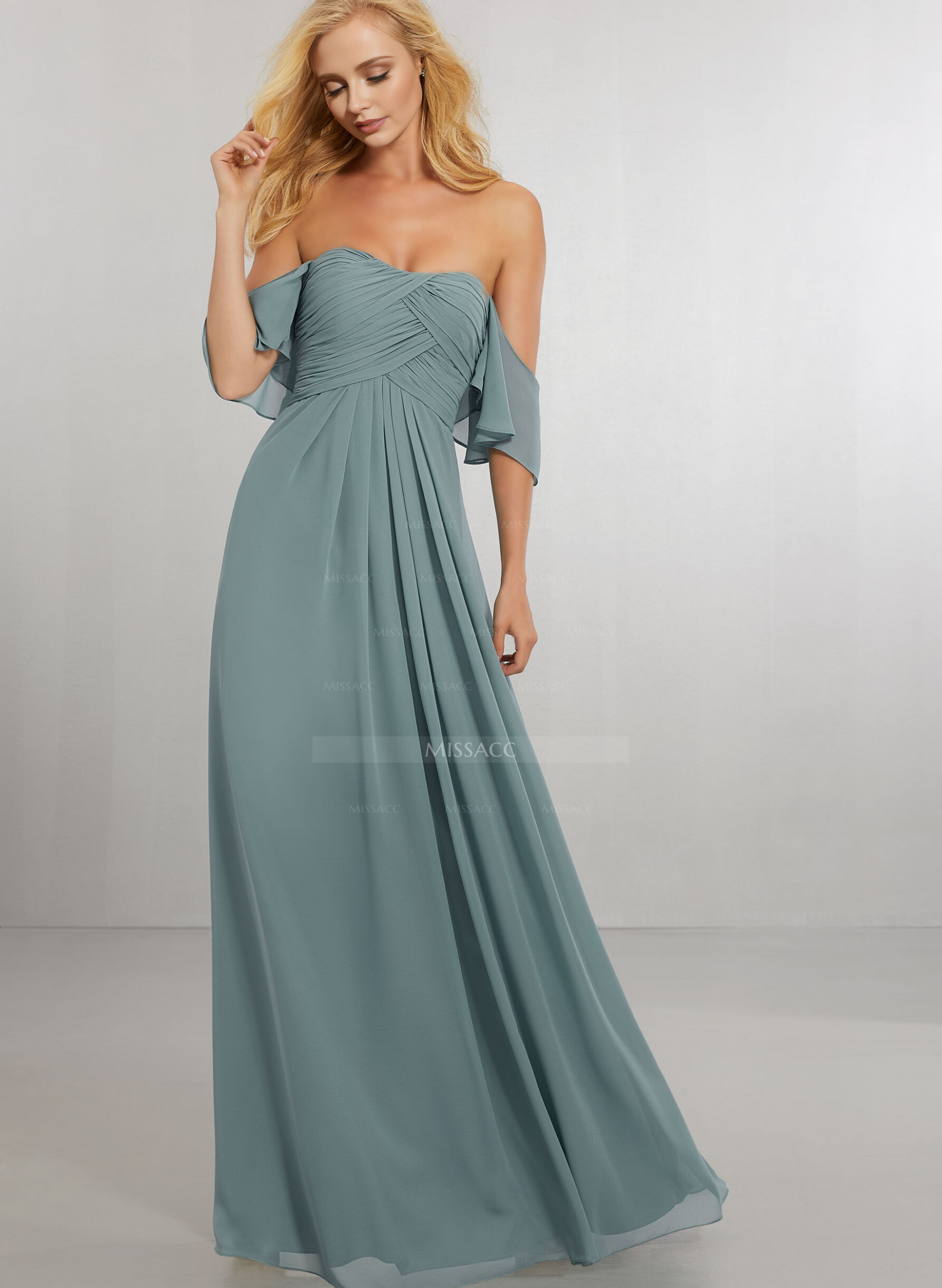 A-Line Off-The-Shoulder Short Sleeves Floor-Length Chiffon Bridesmaid Dresses