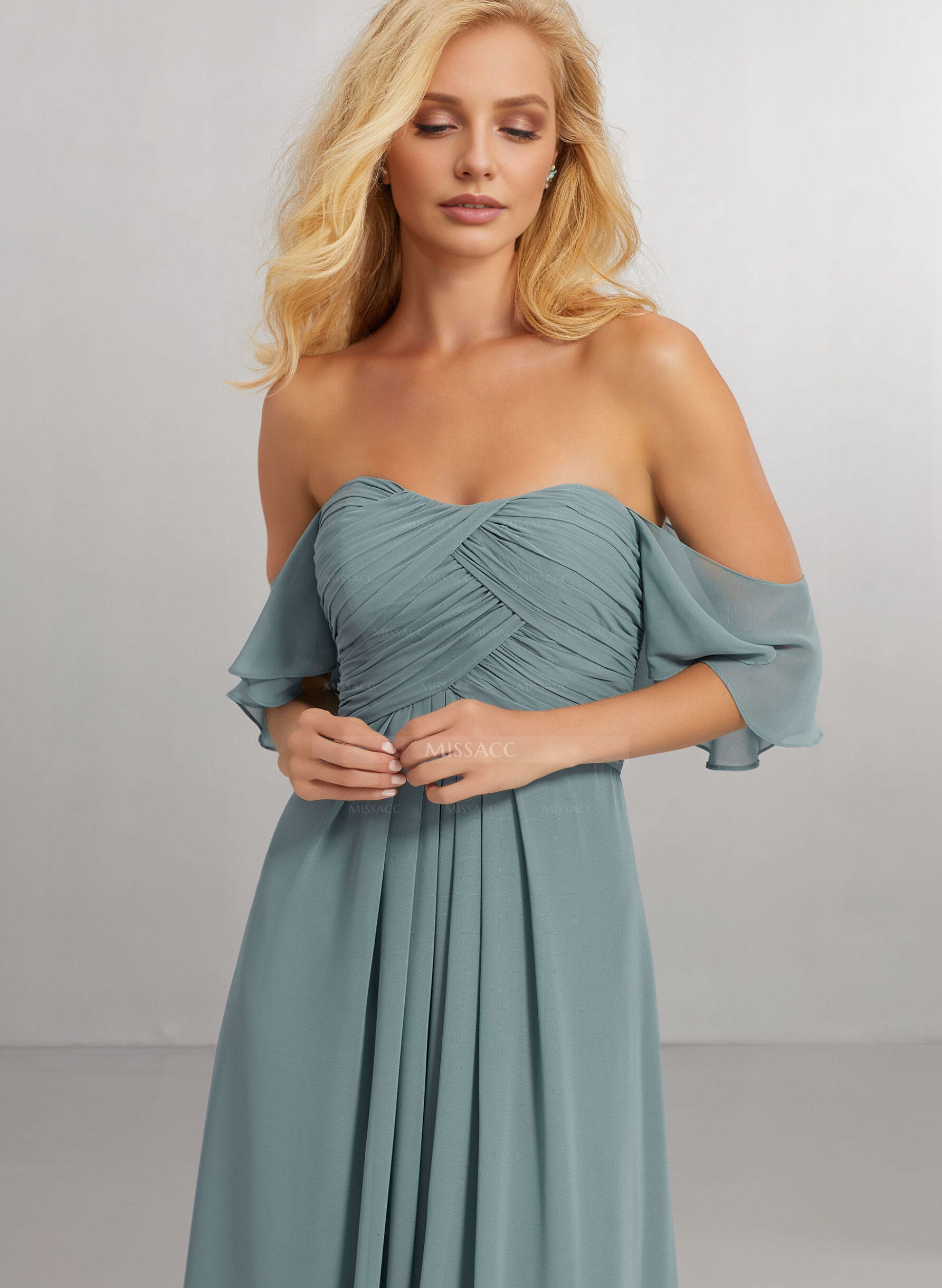 A-Line Off-The-Shoulder Short Sleeves Floor-Length Chiffon Bridesmaid Dresses