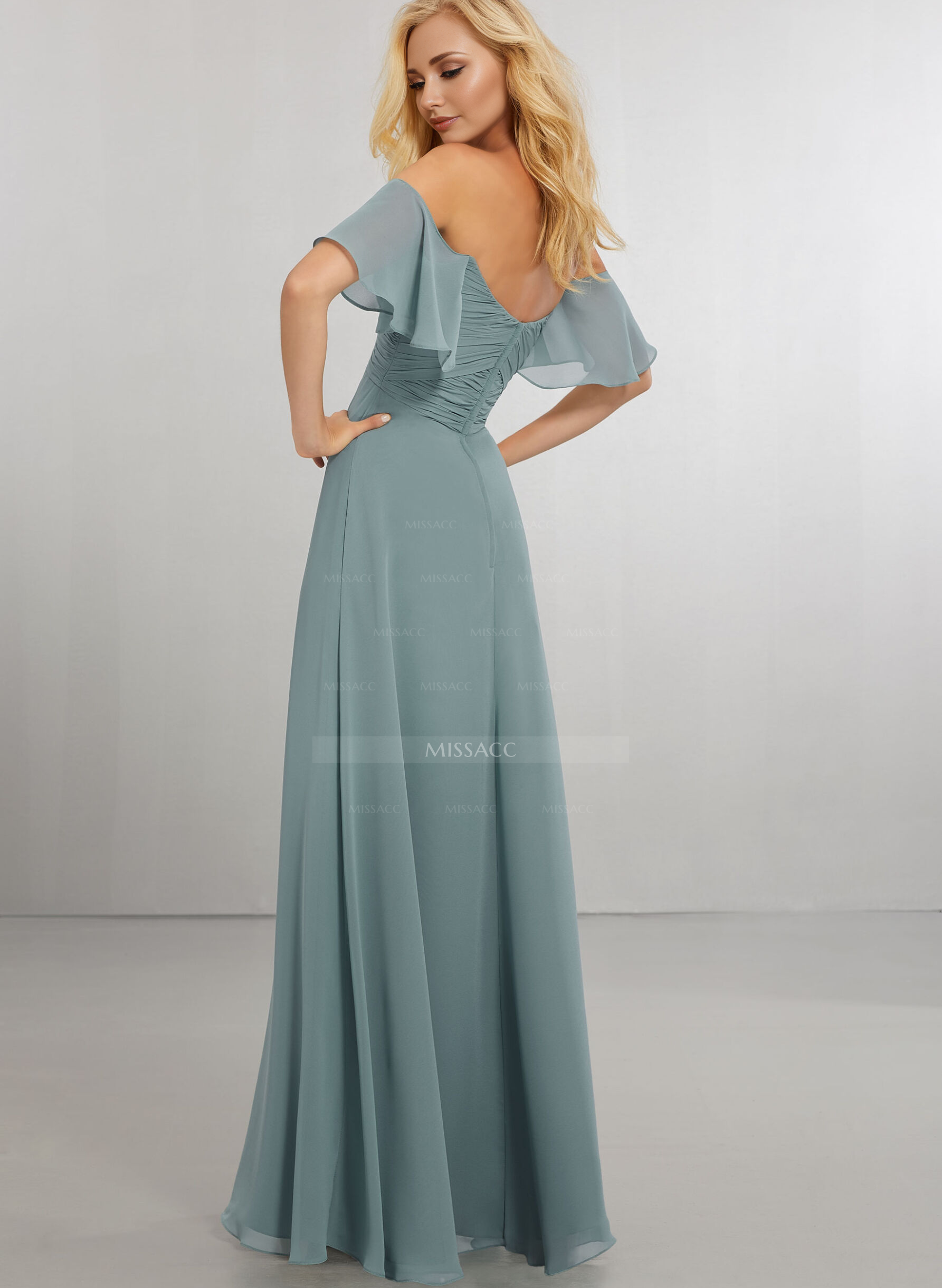 A-Line Off-The-Shoulder Short Sleeves Floor-Length Chiffon Bridesmaid Dresses