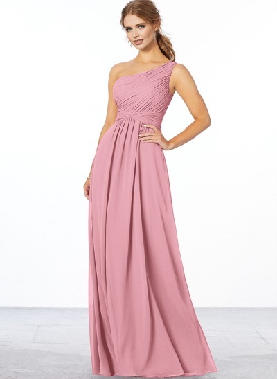 A-Line One-Shoulder Sleeveless Floor-Length Chiffon Bridesmaid Dresses