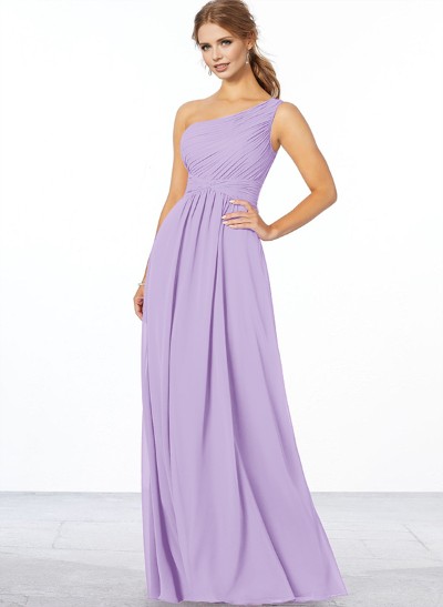 A-Line One-Shoulder Sleeveless Floor-Length Chiffon Bridesmaid Dresses