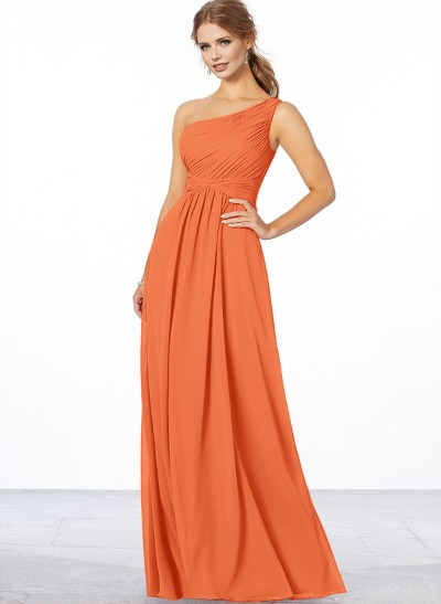 A-Line One-Shoulder Sleeveless Floor-Length Chiffon Bridesmaid Dresses