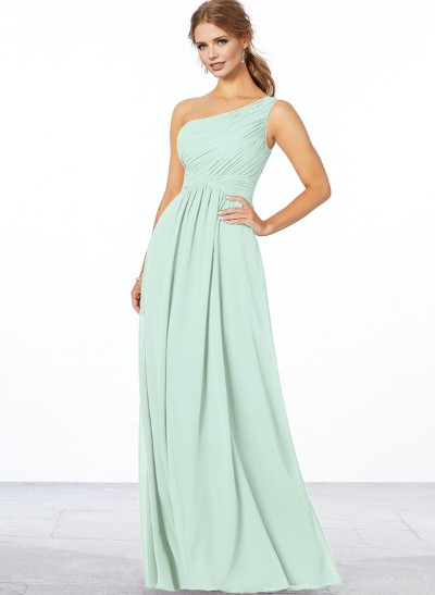A-Line One-Shoulder Sleeveless Floor-Length Chiffon Bridesmaid Dresses