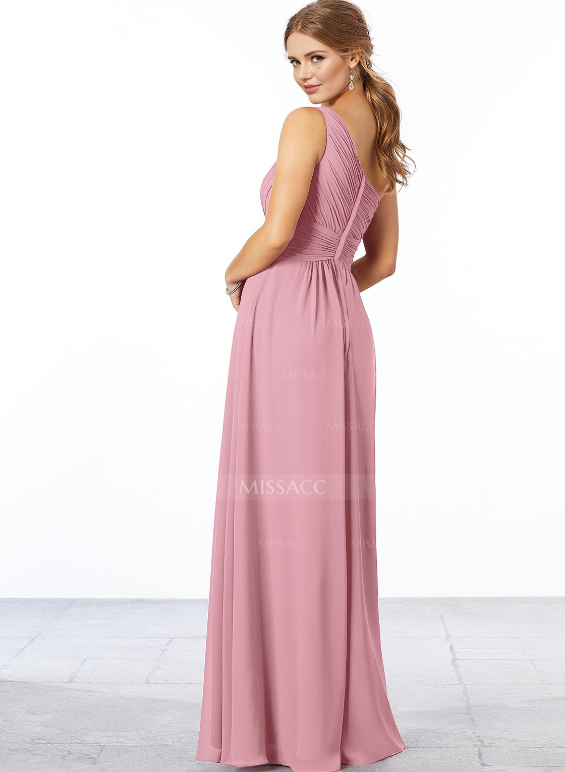 A-Line One-Shoulder Sleeveless Floor-Length Chiffon Bridesmaid Dresses