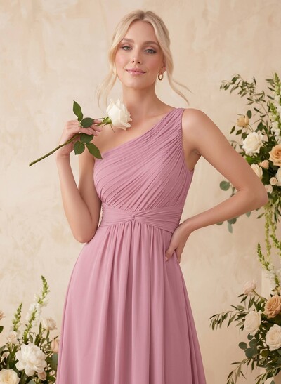 A-Line One-Shoulder Sleeveless Floor-Length Chiffon Bridesmaid Dresses