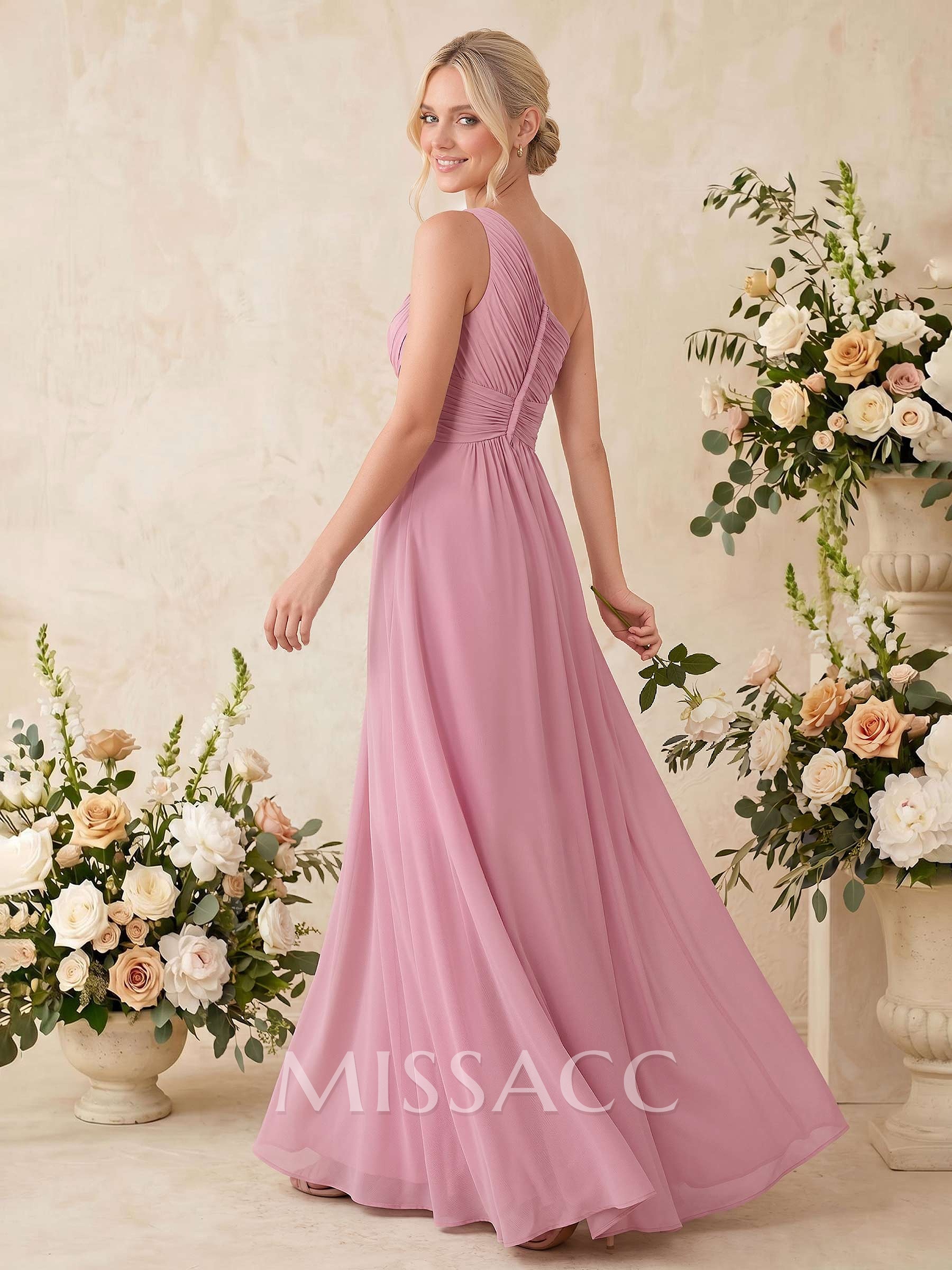 A-Line One-Shoulder Sleeveless Floor-Length Chiffon Bridesmaid Dresses