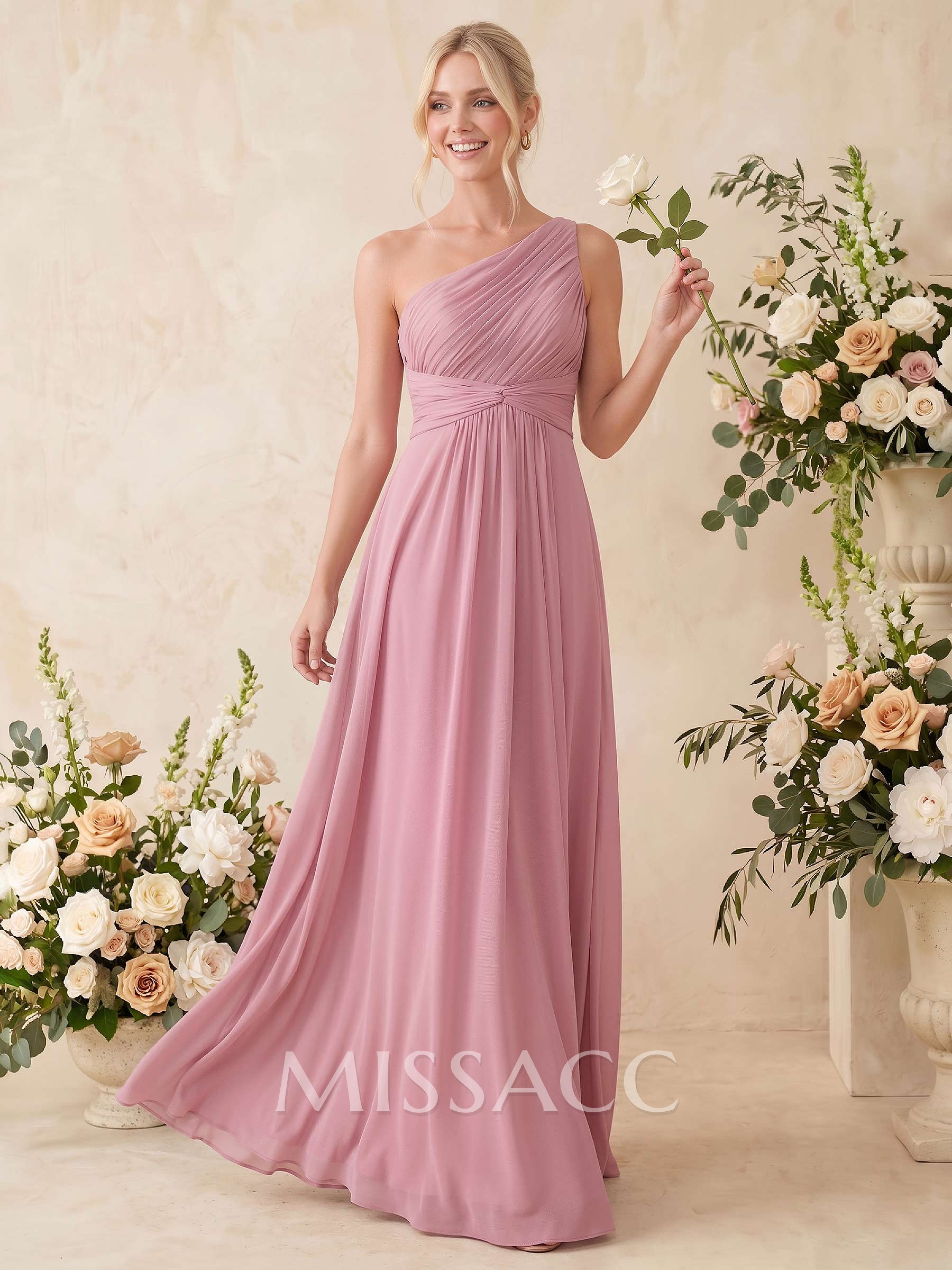 A-Line One-Shoulder Sleeveless Floor-Length Chiffon Bridesmaid Dresses