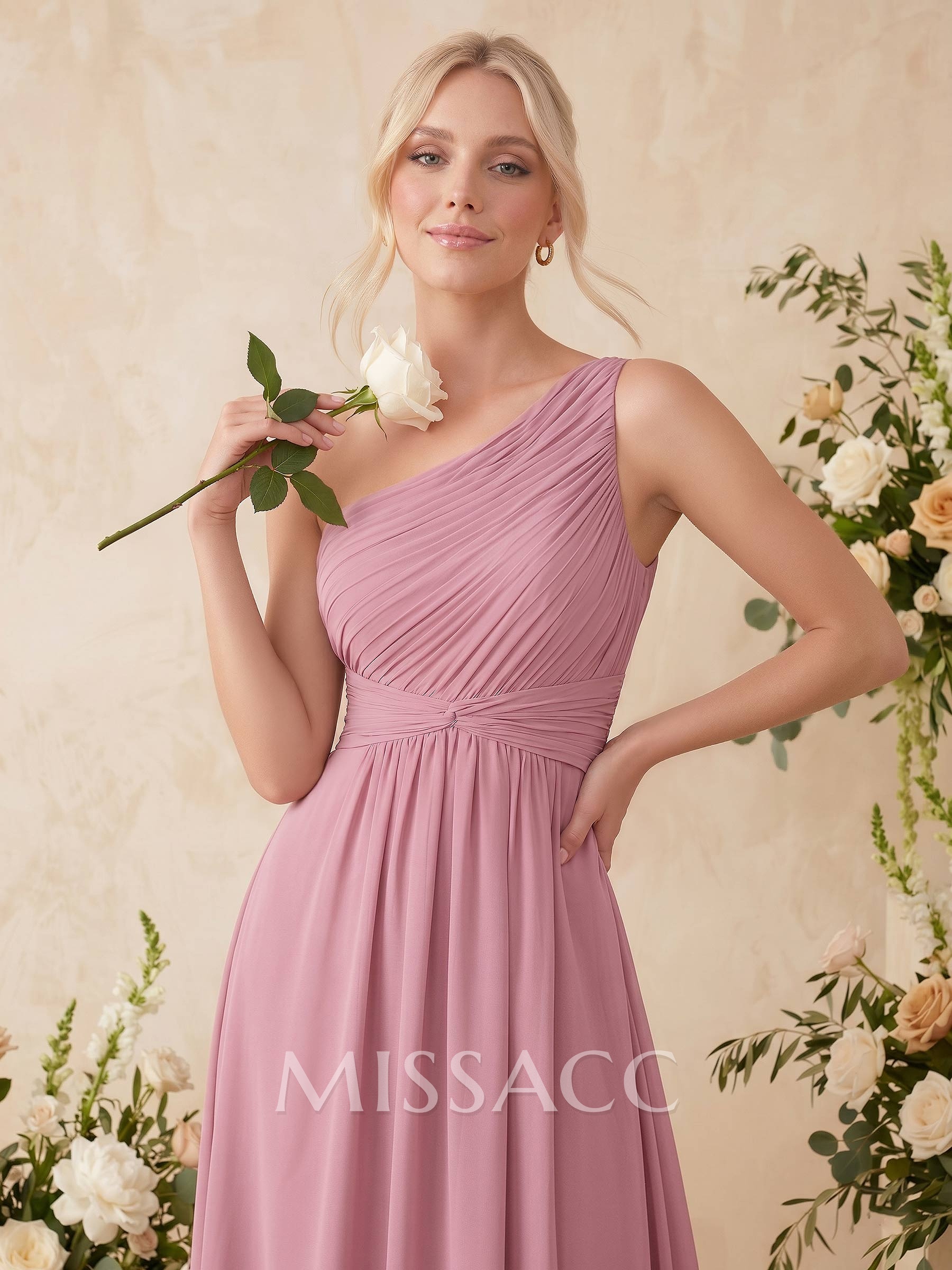 A-Line One-Shoulder Sleeveless Floor-Length Chiffon Bridesmaid Dresses