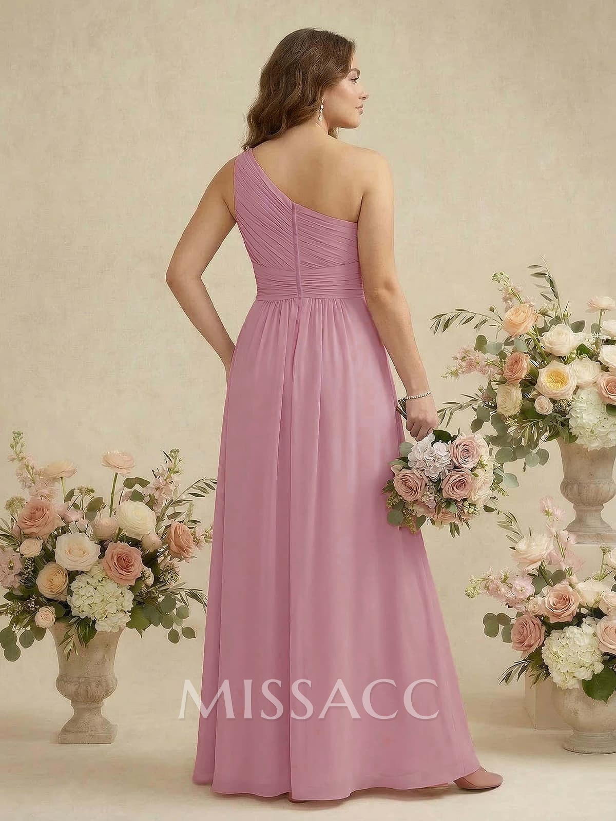A-Line One-Shoulder Sleeveless Floor-Length Chiffon Bridesmaid Dresses