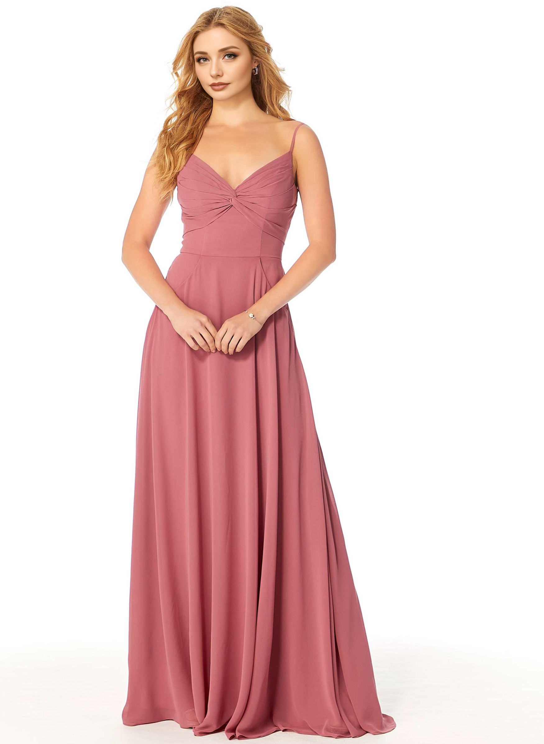 Rose Long A-Line Chiffon V-Neck Bridesmaid Dresses With Pockets