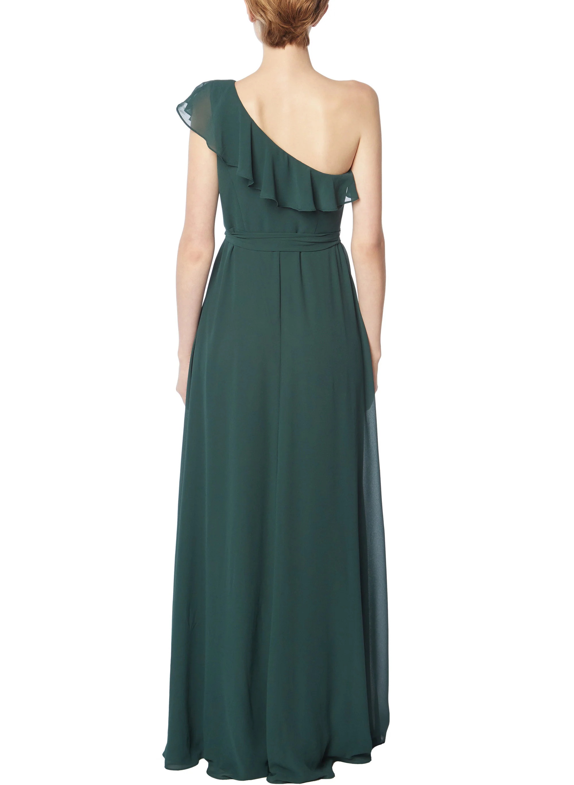 One-Shoulder Green Chiffon A-Line Bridesmaid Dresses With Cascading Ruffles