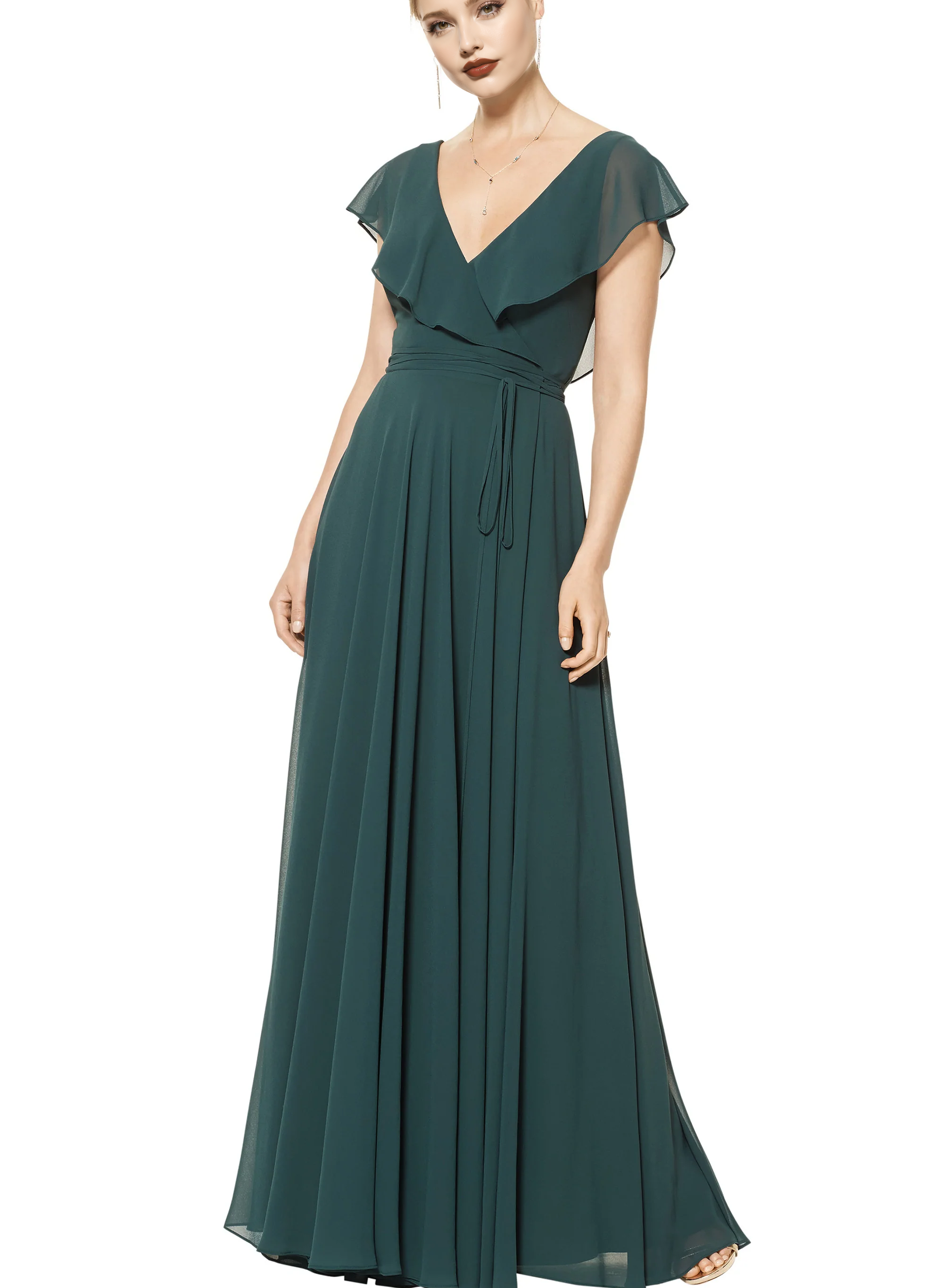 Green A-Line Long V-Neck Bridesmaid Dresses With Open Back