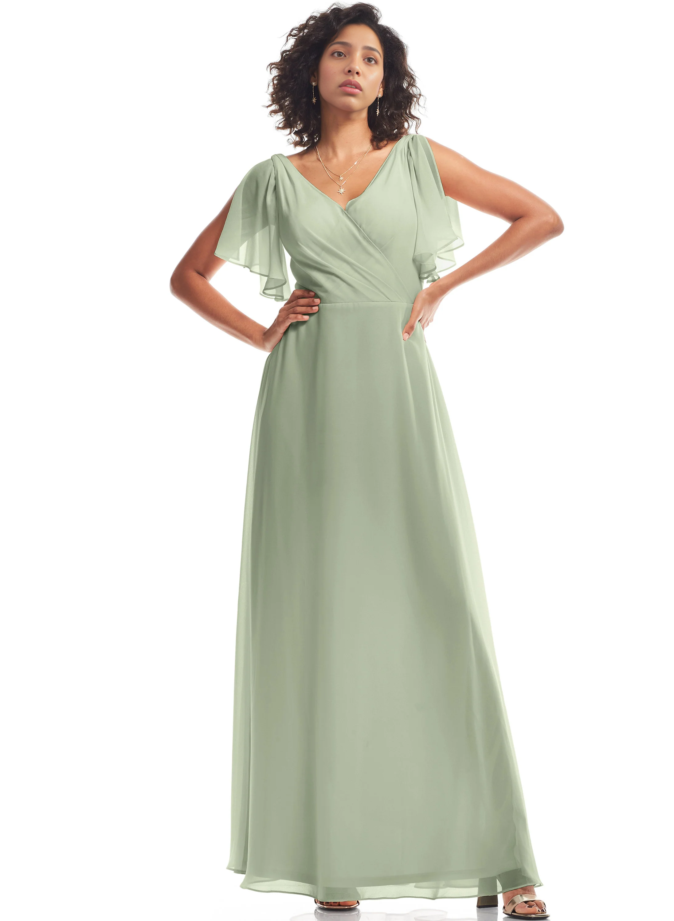 Celadon V-Neck A-Line Floor-Length Bridesmaid Dresses With Chiffon