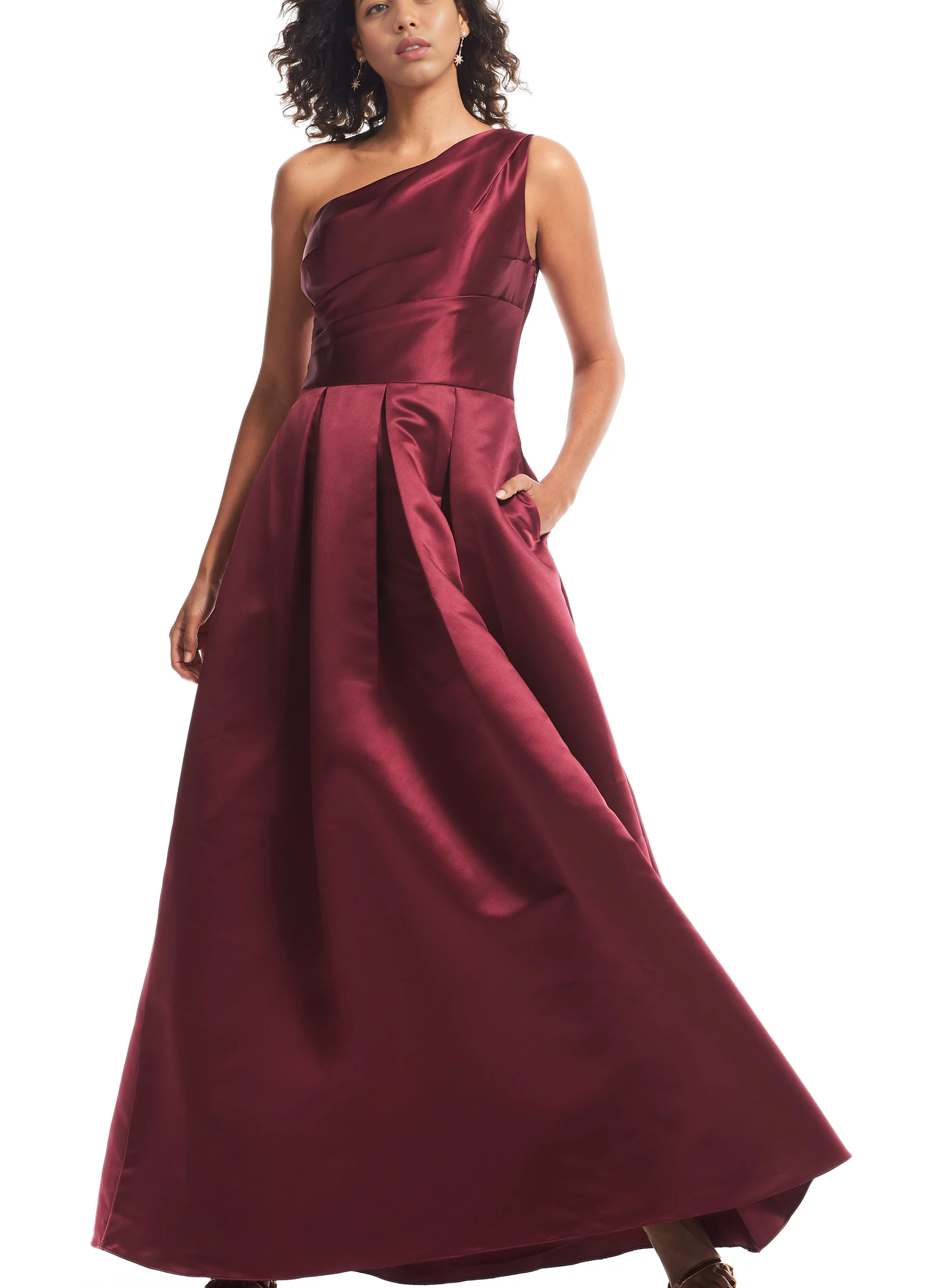 Wine Satin One-Shoulder A-Line Bridesmaid Dresses With Pockets
