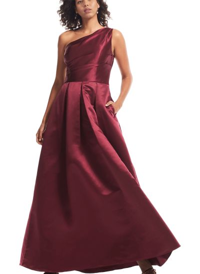 Wine Satin One-Shoulder A-Line Bridesmaid Dresses With Pockets