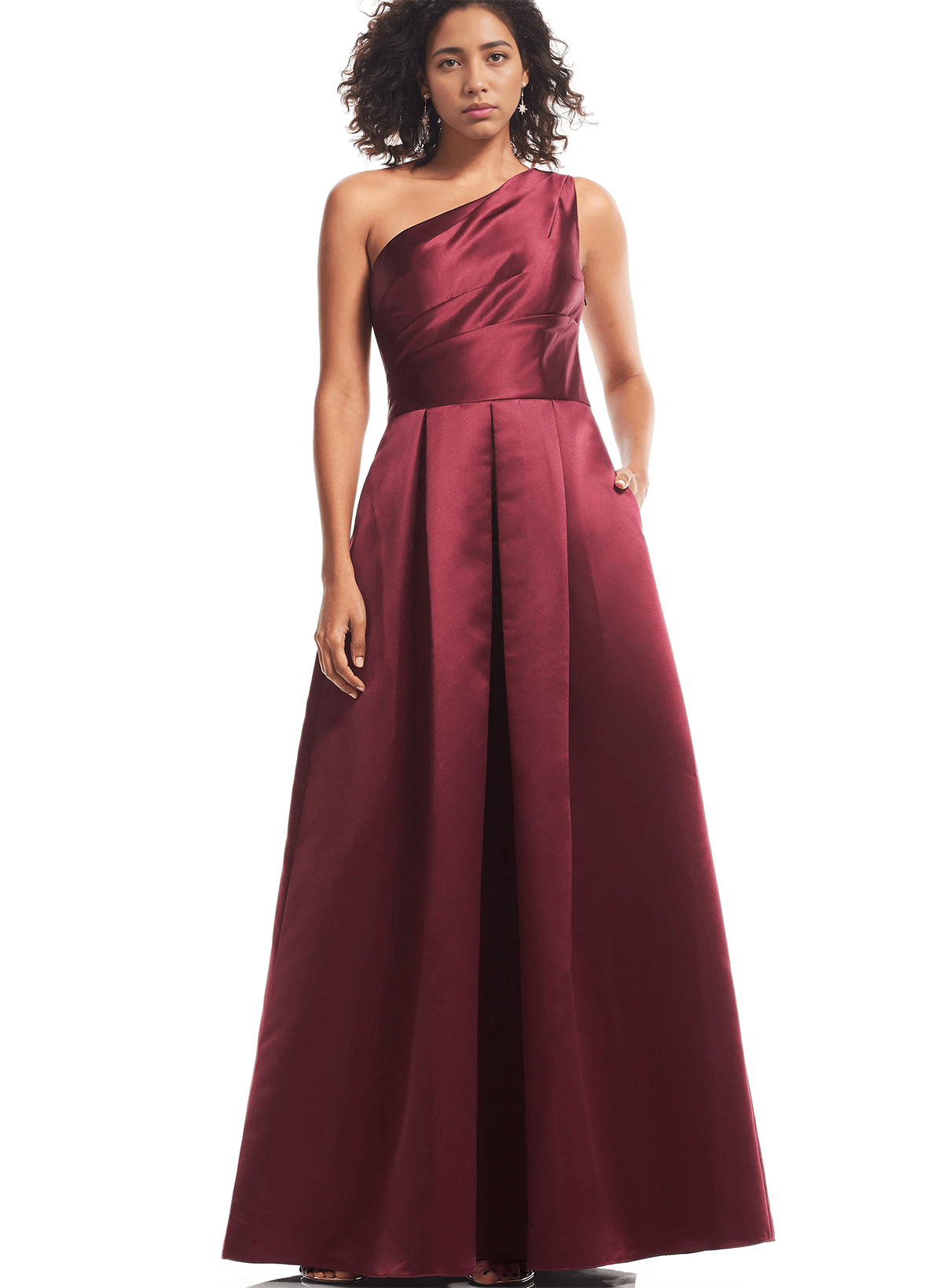 Wine Satin One-Shoulder A-Line Bridesmaid Dresses With Pockets