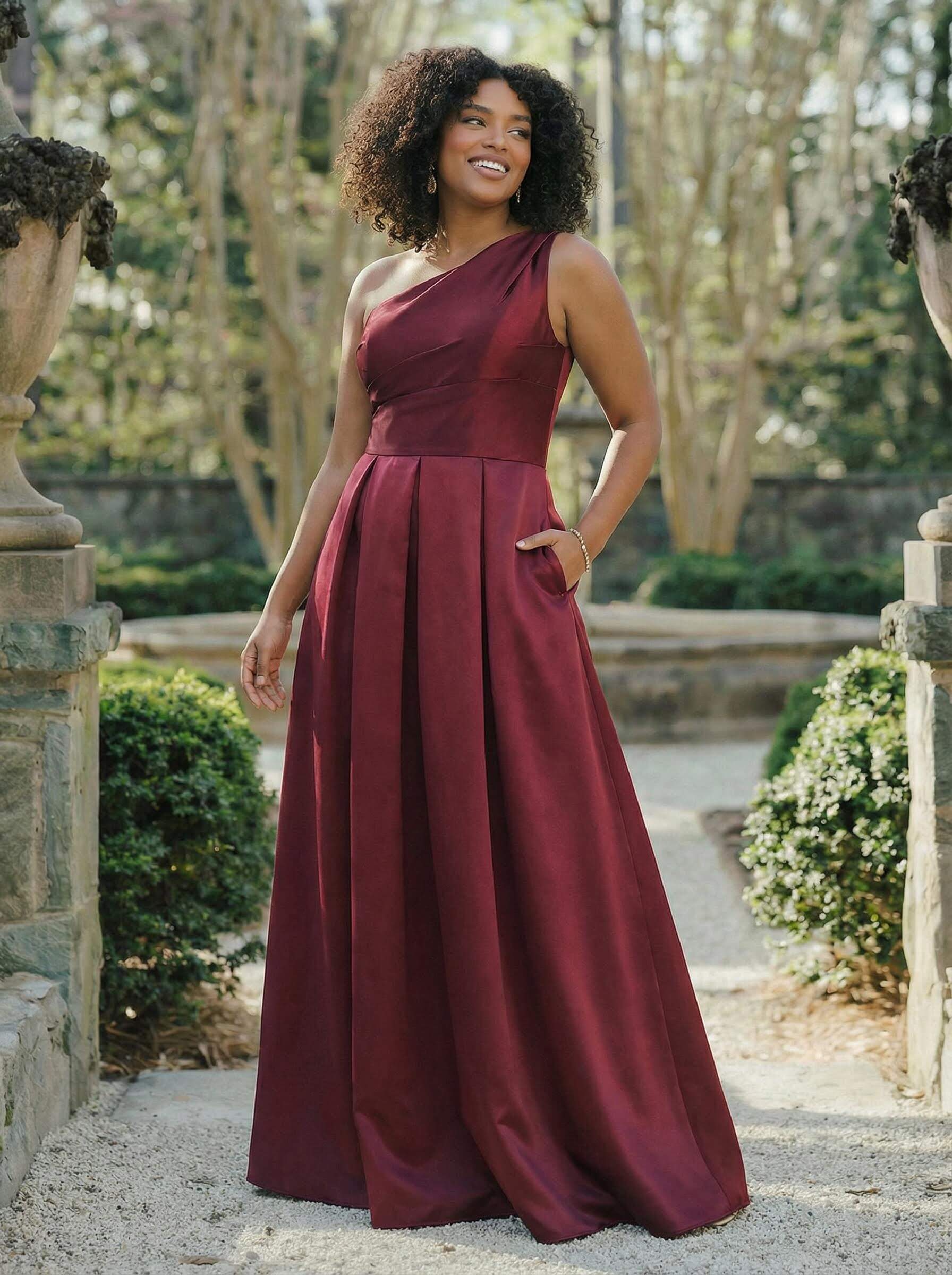 Wine Satin One-Shoulder A-Line Bridesmaid Dresses With Pockets