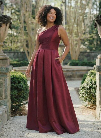 Wine Satin One-Shoulder A-Line Bridesmaid Dresses With Pockets