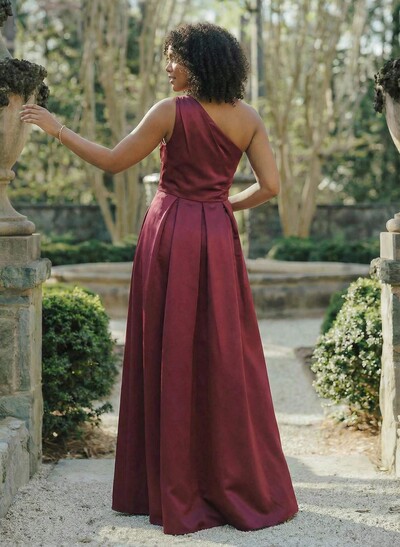 Wine Satin One-Shoulder A-Line Bridesmaid Dresses With Pockets