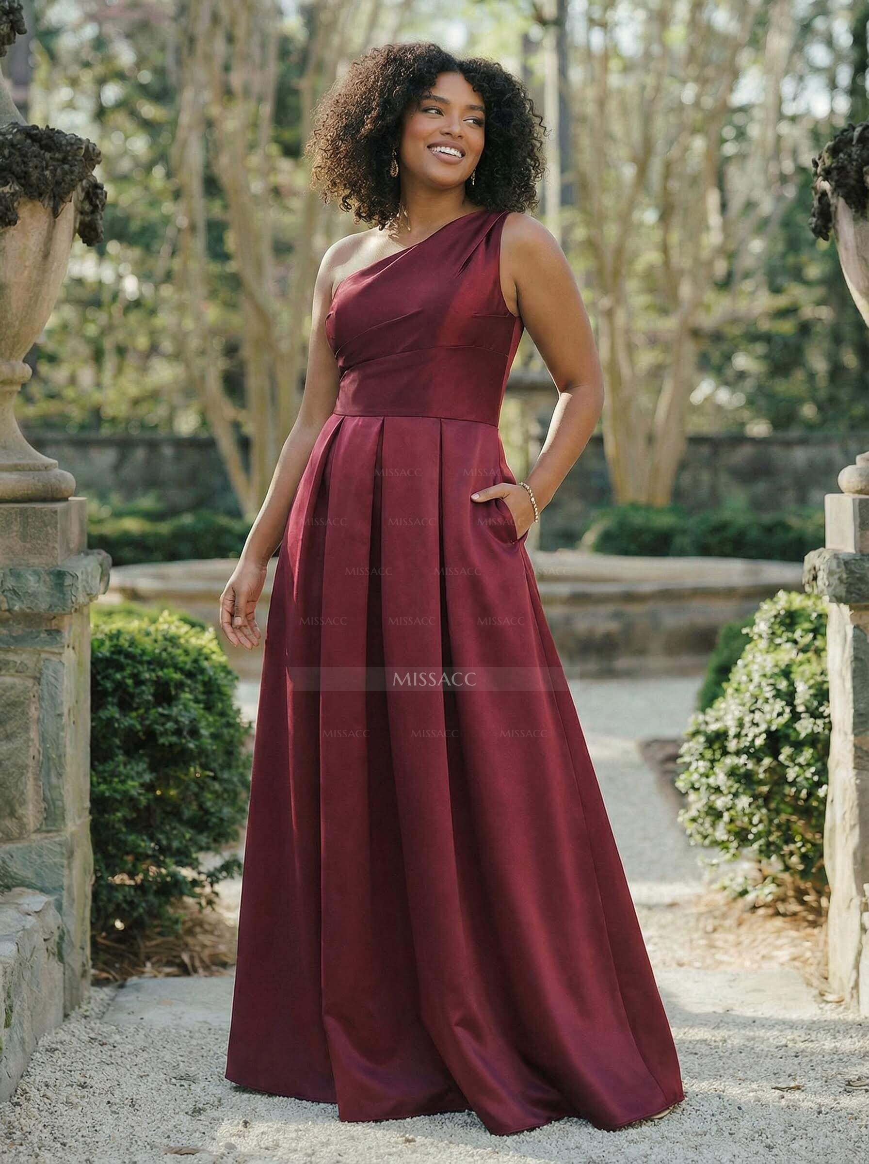 Wine Satin One-Shoulder A-Line Bridesmaid Dresses With Pockets
