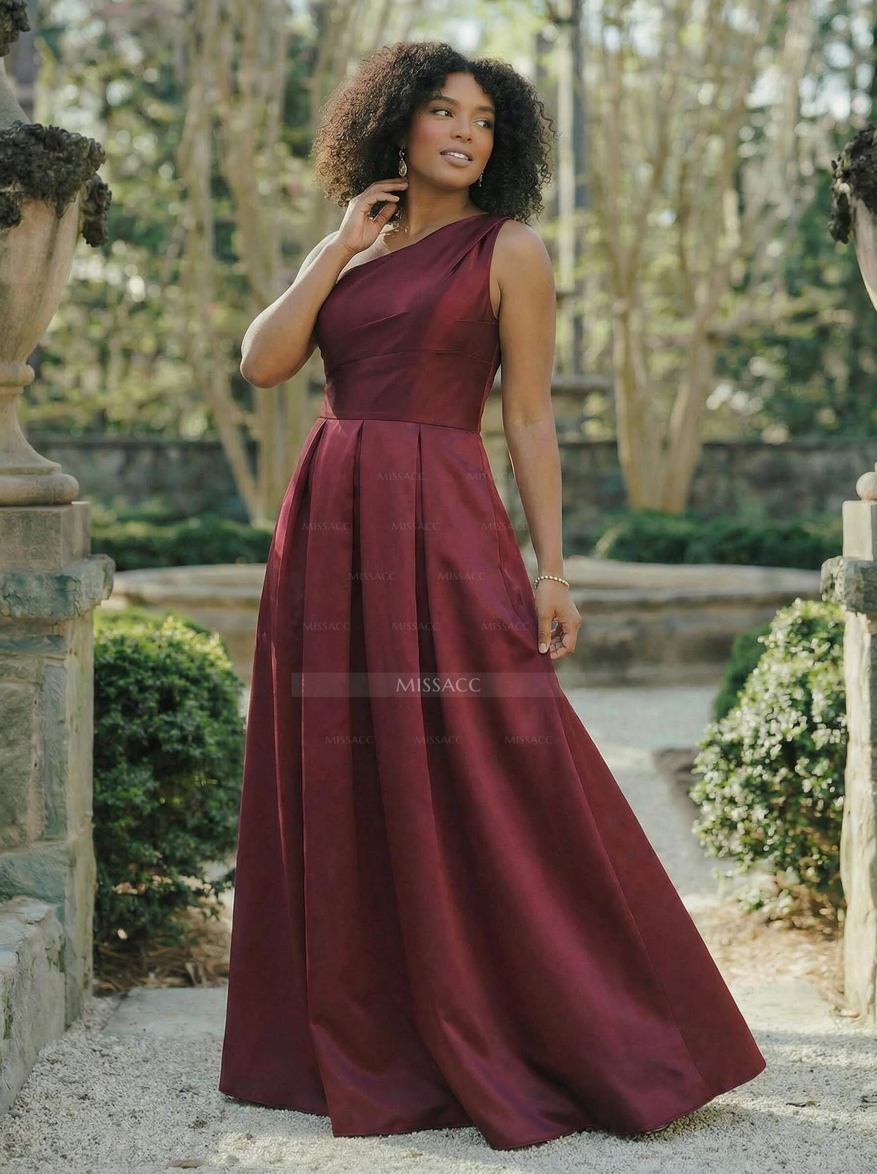 Wine Satin One-Shoulder A-Line Bridesmaid Dresses With Pockets