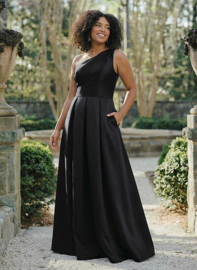 Wine Satin One-Shoulder A-Line Bridesmaid Dresses With Pockets