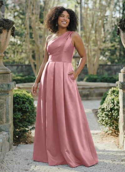 Wine Satin One-Shoulder A-Line Bridesmaid Dresses With Pockets