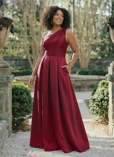 Wine Satin One-Shoulder A-Line Bridesmaid Dresses With Pockets