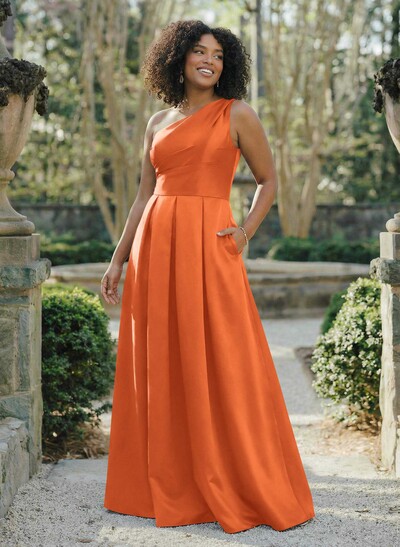 Wine Satin One-Shoulder A-Line Bridesmaid Dresses With Pockets