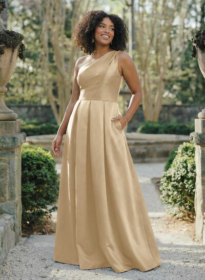 Wine Satin One-Shoulder A-Line Bridesmaid Dresses With Pockets