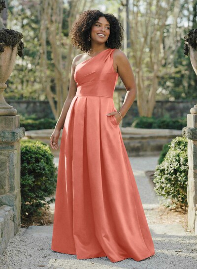 Wine Satin One-Shoulder A-Line Bridesmaid Dresses With Pockets
